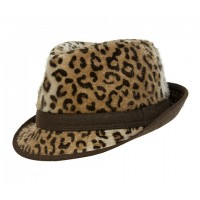 Fedora Hat - Faux Fur Leopard Print - Brown 